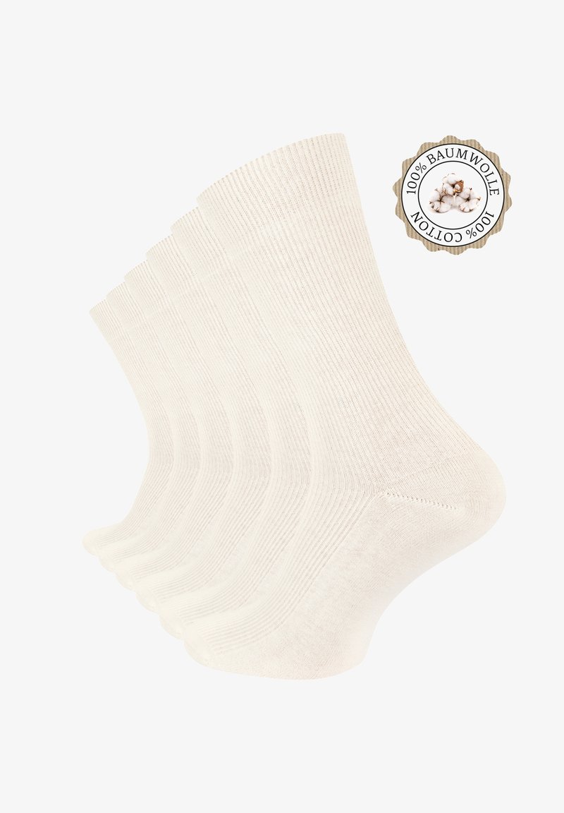 Baumwollsocken in cremefarben, mit geripptem Muster und glatter Oberfläche. Fünferpack mit einem 100% Baumwolle-Label an der Seite.