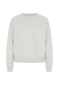 Hellgrauer Sweatshirt aus weichem Stoff. Mit Rundhalsausschnitt, gerippten Bündchen und unterem Saum. Einfach, ohne Muster oder Akzente.