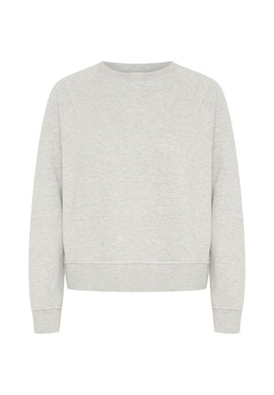 Light gray sweatshirt made of soft fabric. Features a crew neckline, ribbed cuffs, and bottom hem. Simple, no patterns or accents.