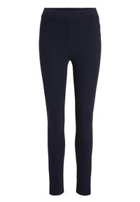 Leggings blu navy con un tessuto liscio ed elasticizzato; design a vita alta; silhouette aderente; nessuna cucitura o decorazione visibile.