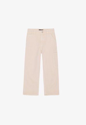 Pantalon beige à jambes droites avec poches avant, poche latérale plaquée, passants pour ceinture et fermeture par bouton.