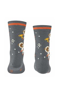 Graue Baumwollsocken mit verspielten Tierillustrationen, orangefarbenen Akzenten am oberen Rand und einem Muster aus Bällen und Sternen.