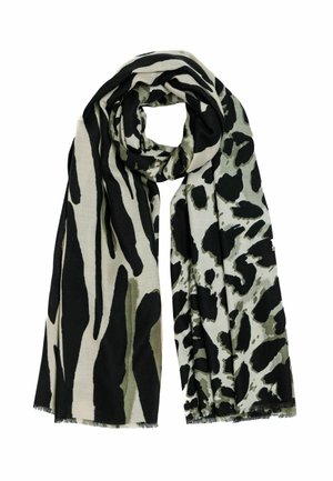 Schwarz-beige Schal mit strukturiertem Design und Tierdruckmustern in dunklen Farbtönen sowie Fransenrand. Weiches Material.