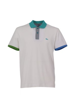 Witte poloshirt, korte mouwen, teal kleurige kraag, grijze knopenlijst, groene en blauwe accenten op de mouw-zoom, klein hondenlogo op de linkerborst.