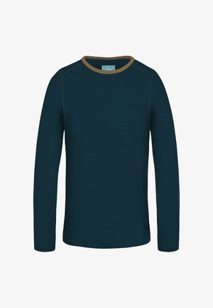 Langarmshirt aus dunkeltealfarbenem Stoff mit kontrastierendem hellbraunem Kragen. Verfügt über flache Nähte und ein Logo unten rechts.