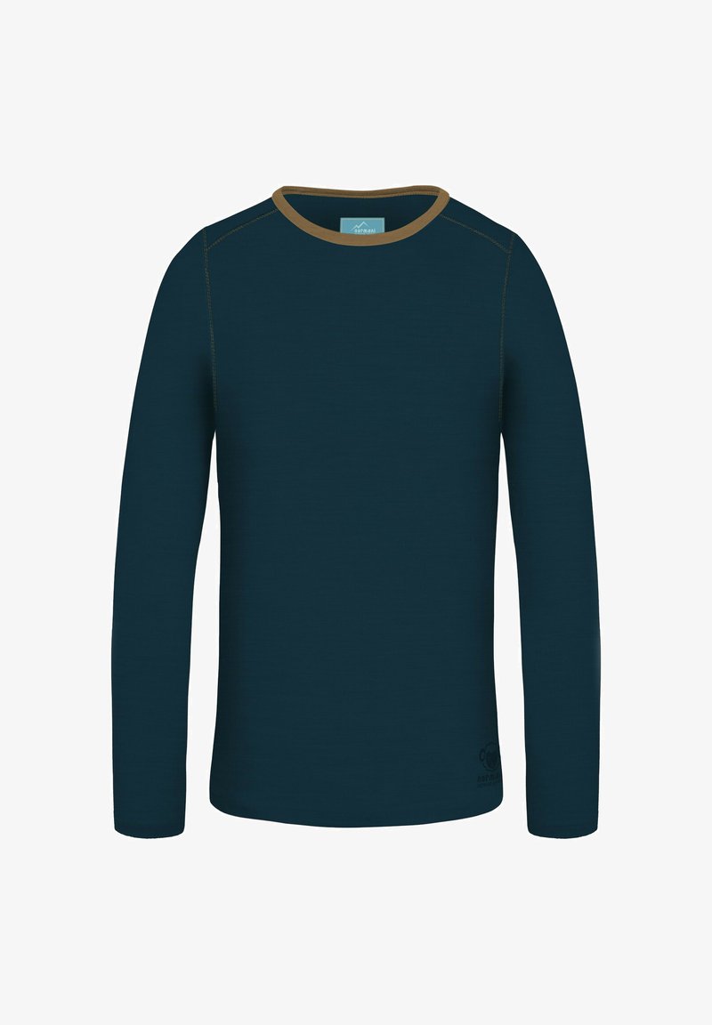 Langarmshirt aus dunkeltealfarbenem Stoff mit kontrastierendem hellbraunem Kragen. Verfügt über flache Nähte und ein Logo unten rechts.