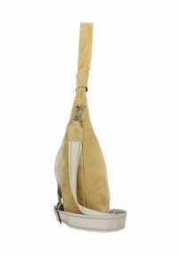 Borsa a tracolla in suede beige con una singola cinghia, dotata di una cerniera metallica, con un'etichetta logo discreta e una finitura beige a contrasto per un tocco di stile.