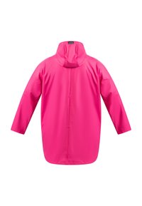 Imperméable rose vif à manches longues avec capuche, présenté de dos sur fond blanc.