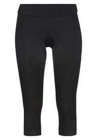 Czarne szorty rowerowe o średnim stanie, z wyściełanym siedzeniem i elastycznym materiałem. Posiadają przeszywane akcenty i dopasowany krój.