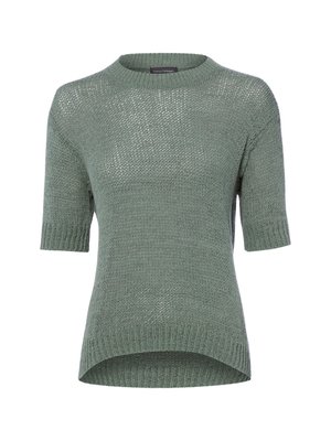Hellgrüner kurzärmeliger Strickpullover mit Rundhalsausschnitt und etwas längerem Rückensaum, auf einem schlichten weißen Hintergrund gezeigt.