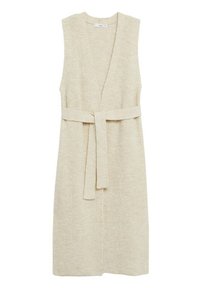 Beżowa dzianinowa kamizelka z głębokim dekoltem w serek, bez rękawów, z paskiem w talii. Wyróżnia się fakturowaną tkaniną oraz prążkowanymi brzegami, dodającymi szczegółów.