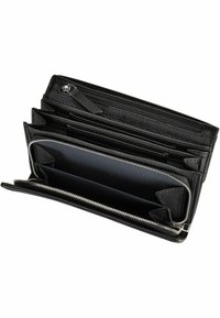 �Črni usnjeni denarnica z teksturirano površino, več predelki, zadrgo in gladkim notranjim oblogom. Vključuje reže za kartice in žep z zadrgo.