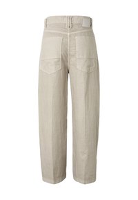 Pantalon beige taille haute à jambes larges avec deux grandes poches arrière et une taille avec passants pour ceinture.