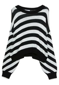 Maglione a righe bianco e nero in maglia con scollatura ampia e spalle cadenti, caratterizzato da un design largo e cropped con bordi a costine.