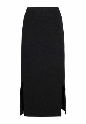 Zwarte knie-lange kokerrok met een subtiele glans, hoge tailleband en zijsplitten voor gemakkelijke beweging. Glad, textuurstof.