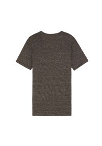 Camiseta de manga corta en tela marrón oscuro con finas franjas blancas, escote redondo y un corte relajado. Parte trasera lisa sin etiquetas ni diseños visibles.