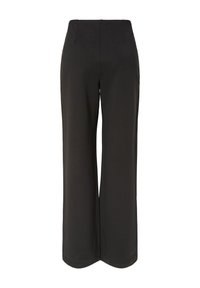 Črne široke hlače z gladko teksturo, visokim pasom in nežnimi sprednjimi gubi. Imajo čisto silhueto brez vidnih okovij.