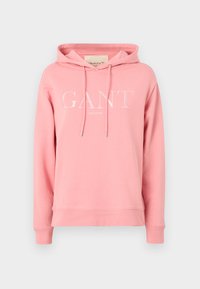 Rosa hoodie tillverkad av mjukt material. Har dragsnören och en frontlogotyp med texten "GANT NEW HAVEN." Mudden och fållen är ribbad.
