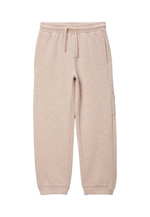 Pantalon de jogging en polaire beige clair avec taille élastique, cordon de serrage, poches latérales et poignets côtes.