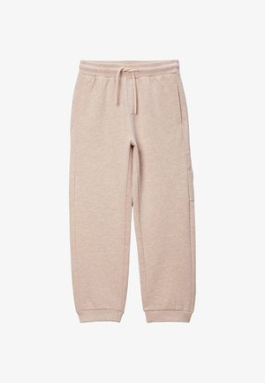 Pantalon de jogging en polaire beige clair avec taille élastique, cordon de serrage, poches latérales et poignets côtes.