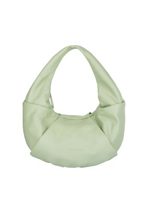 Green faux leather bag with a curved, oversized design, featuring a smooth texture and a prominent seam detail along the front.