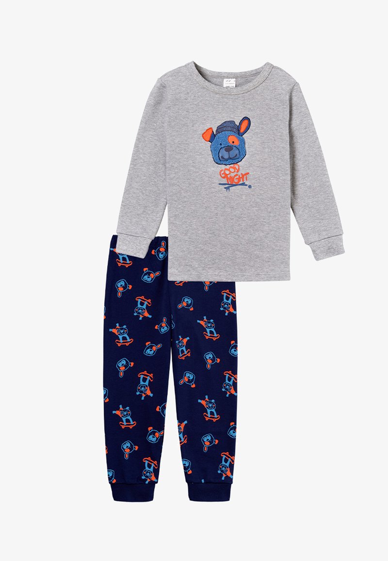 Gray long-sleeve pajama top with a bear graphic and "Good Night" text, paired with navy pants featuring a playful bear pattern in blue and orange.