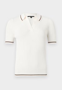 Λευκό πλεκτό πόλο μπλουζάκι με κοντά μανίκια και ριμπ ύφανση, με καφέ περιθώριο στον γιακά, τις μανσέτες και το τελείωμα, με μικρό V-λαιμόκοψη.