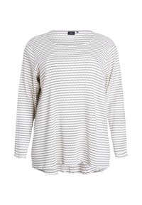 Langarmshirt aus weißem Stoff mit schwarzen gewellten Streifen. Rundhalsausschnitt und abgerundeter Saum, mit lockerer Passform und strukturierter Oberfläche.