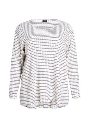 Langarmtop van witte stof met zwarte golvende strepen. Ronde halslijn en gebogen zoom, met een ontspannen pasvorm en een gestructureerd oppervlak.
