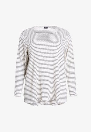 Langarmshirt aus weißem Stoff mit schwarzen gewellten Streifen. Rundhalsausschnitt und abgerundeter Saum, mit lockerer Passform und strukturierter Oberfläche.