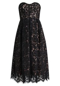 Mustaton pitsikoristen mekko, tiukka vartalo-osa, levenevä hame, aallotettu helma, kukkakuosi, läpinäkyvä päällyskangas, alla vaaleanlila vuori.