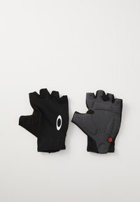 Paar von schwarzen fingerlosen Radfahrhandschuhen, einer zeigt die gepolsterte graue Handfläche mit Belüftungsöffnungen, der andere die Rückseite mit einem weißen ovalen Logo.
