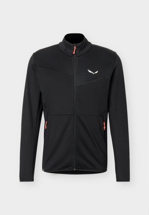 Must täismõõdus lukuga jakk, pikkade varrukatega, kõrge kaelusega, kahe küljetaskuga, mille tõmblukupullid on oranžid, ning väikese valge logoga rinnal.