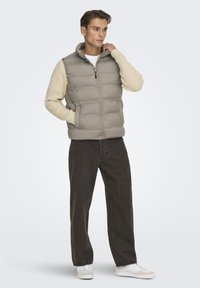 Gilet imbottito grigio chiaro con colletto alto e maniche a coste color crema, abbinato a jeans scuri e sneakers bianche. Chiusura con zip e due tasche laterali.