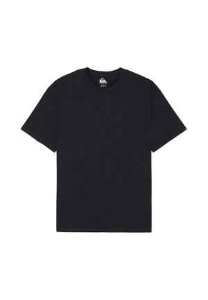 Schwarz, kurzärmliges T-Shirt mit Rundhalsausschnitt und kleinem, dezentem Logo auf der Brust sowie Etikett im Kragen.