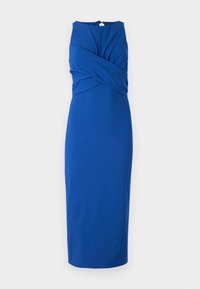 Rochie midi albastră cu un design de corset răsucit, fără mâneci și cu fermoar ascuns la spate. Material neted, cu o culoare solidă și o croială pe măsură.