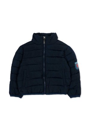 Giacca imbottita trapuntata blu navy con cerniera frontale, collo alto, due tasche laterali, polsini elastici e una toppa con logo sulla manica sinistra.