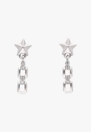 Hopeanväriset tähtiä muistuttavat nappikorvakorut, joissa on kaksi kiinnitettyä suorakulmaista ketjukoristetta, koristeltu pienillä kristalleilla.