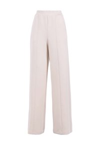 Pantaloni beige chiaro a gamba larga con vita elastica e cuciture verticali visibili lungo la parte anteriore e le gambe.