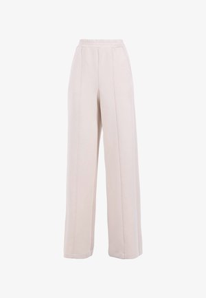Pantaloni beige chiaro a gamba larga con vita elastica e cuciture verticali visibili lungo la parte anteriore e le gambe.