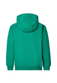 Groene hoodie met een zachte textuur, een ruime capuchon en geribbelde manchetten en onderrand. Eenvoudig ontwerp, effen kleur zonder zichtbare patronen of logo's.