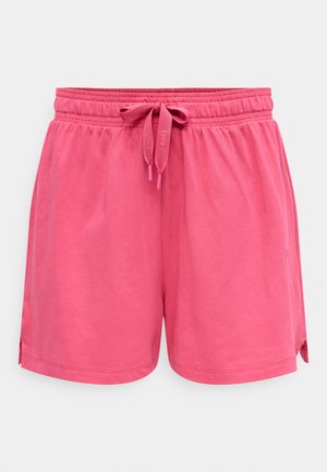 Rožnate priložnostne kratke hlače z elastičnim pasom in zavezanjem na vrvico, narejene iz mehke tkanine, z majhnimi stranskimi razporki za udobje in zračnost.