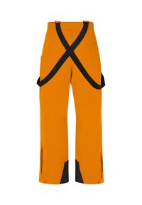 Oranje skibroek met zwarte accenten, voorzien van een X-vormige verstelbare riemconfiguratie, brede pijpen en ventilatieritsen aan de zijkant.