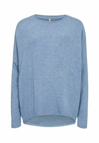 Helles, sanftes bläuliches Langarmshirt mit Rundhalsausschnitt und leicht verlängertem Rückensaum.