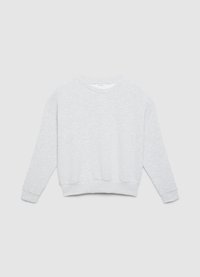 Sweat-shirt gris clair en tissu doux, avec un col rond, des épaules tombantes, des poignets et un ourlet côtelés. Texture lisse, design décontracté.
