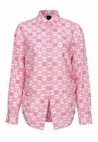 Camicia abbottonata con un motivo rosa e bianco, caratterizzata da design floreali e circolari. Realizzata in tessuto leggero con colletto classico.