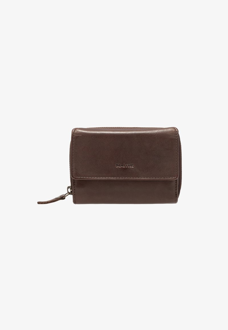 Portefeuille en cuir marron avec une texture lisse, forme rectangulaire, fermeture éclair et logo embossé sur le devant. Design compact et pratique.