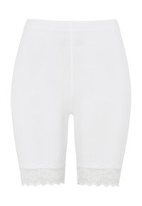 Witte katoenen shorts met een elastische taille, voorzien van een geschulpte kantafwerking aan de onderrand. Eenvoudig ontwerp en een gladde textuur.