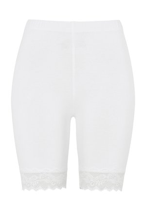 Witte katoenen shorts met een elastische taille, voorzien van een geschulpte kantafwerking aan de onderrand. Eenvoudig ontwerp en een gladde textuur.