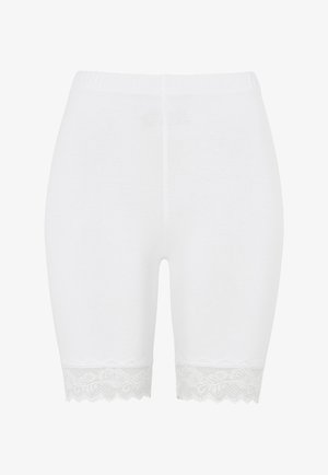 Witte katoenen shorts met een elastische taille, voorzien van een geschulpte kantafwerking aan de onderrand. Eenvoudig ontwerp en een gladde textuur.